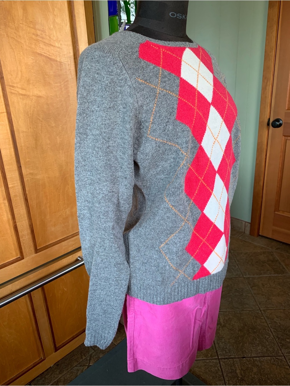 J CREW 100% LAMBS WOOL ARGYLE PULLOVER SWEATER NWT XL Women's Gray  Pink Diamond